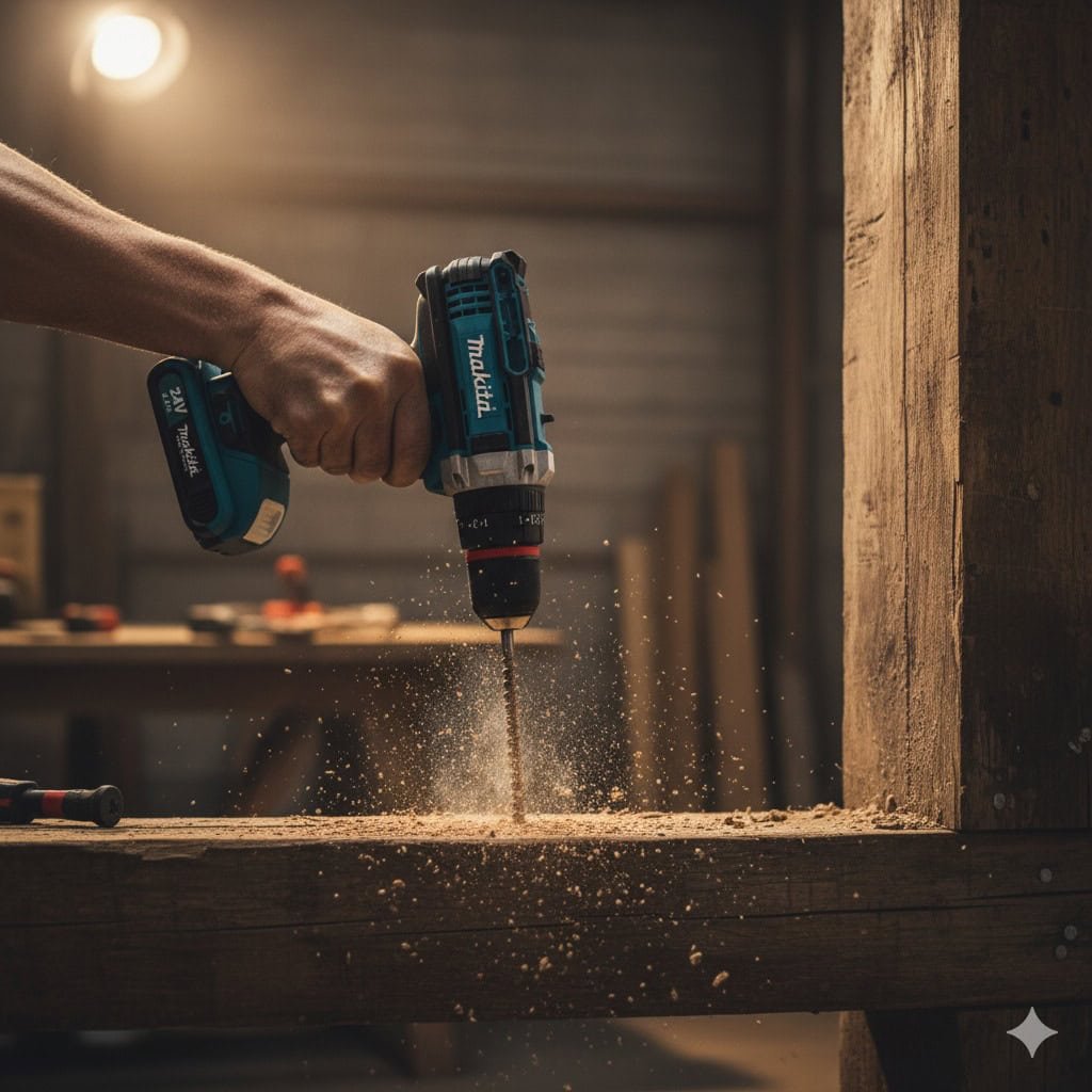 Profesional usando el taladro con fuerza en un proyecto de construcción